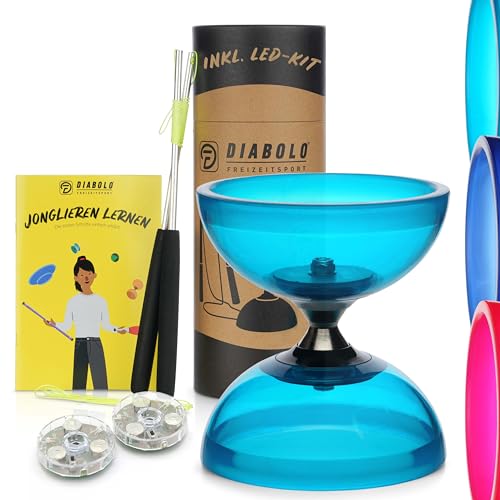 Diabolo Freizeitsport Jonglier-Set Pro Clear (türkis) mit LED-Kit für LED Lichteffekte – mit Handsticks, Ersatzschnur (160cm) und Gedruckter Anleitung von Diabolo Freizeitsport