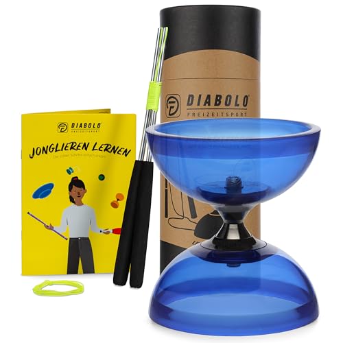 Diabolo Freizeitsport Jonglier-Set Pro mit kugelgelagertem Diabolo (transparent blau), Handsticks aus Aluminium, Ersatzschnur (160cm) und Gedruckter Anleitung von Diabolo Freizeitsport