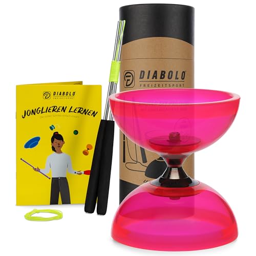 Diabolo Freizeitsport Jonglier-Set Pro mit kugelgelagertem Diabolo (transparent rotpink), Handsticks aus Aluminium, Ersatzschnur (160cm) und Gedruckter Anleitung von Diabolo Freizeitsport