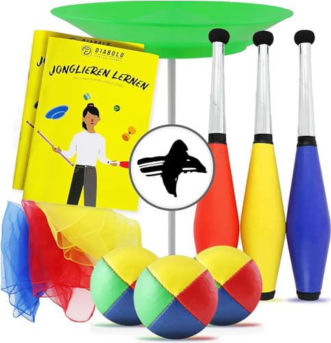 Jonglier-Set für Kinder und Erwachsene mit Jonglage Keulen, Jonglier-Bälle, Tücher, Teller inkl. Stab & Jonglieranleitung – komplettes Jonglage Set mit Tasche als Geschenkidee zum Geburtstag von Diabolo Freizeitsport