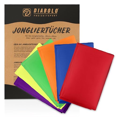 Diabolo Freizeitsport Jongliertücher 60x60cm (6er Set) - Bunte Chiffontücher für Tanz, Gymnastik und Rythmik - Seidentücher für Pekip, Tanztücher, Sensorik Spielzeug, Sensorisches Werkzeug von Diabolo Freizeitsport