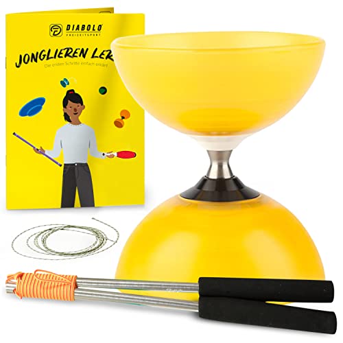 Diabolo-Set mit Henrys Beach Free Freilauf-Kugellager Diabolo - Profi-Set (gelb) - Jonglierset für Einsteiger & Fortgeschrittene Jongleure von Diabolo Freizeitsport