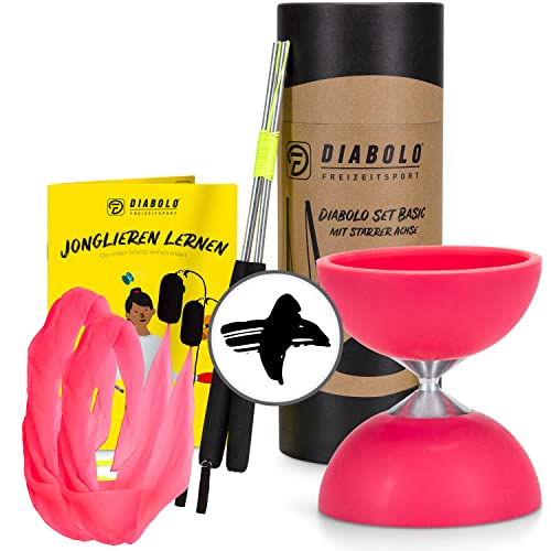 Ideales Diabolo-Jonglierset für Anfänger - Diabolo mit Fester Achse in pink inkl. Aluminium Sticks, Schnur, 2 Leucht Pois in pink & hilfreicher Anleitung - perfekt zum Start in die Jonglage von Diabolo Freizeitsport