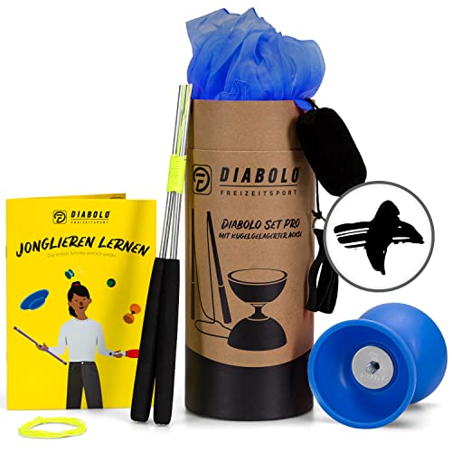 Profi Diabolo-Jonglierset - hochwertiges Diabolo mit Kugellager in blau inkl. Aluminium Sticks, langlebiger Schnur & 2 Leucht Pois in blau - ideal für Anfänger & Profis von Diabolo Freizeitsport