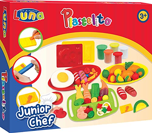 Diakakis Luna Kinder Knetset Junior Chef Lebensmittel mit 5 Dosen Soft Knete Knetformen Werkzeuge von Diakakis