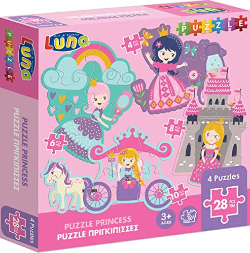Luna 4in1 Puzzle Kinder Lernpuzzle 28-TLG. mit 4/6/8/10 XXL Puzzleteilen (Prinzessin) von Diakakis