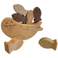 Pfingstweid - Balancespiel Seelöwe aus Erle mit 6 Fischchen aus Nussbaum, Erle und Ahorn, Holz von Diakonie Pfingtweid e.V.