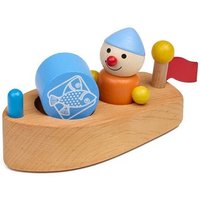 Pfingstweid - Wichtboot Theresia mit flexiblem Stehwicht Moni und Spielklötzchen Fische aus Erle & Buche, Holz von Diakonie Pfingtweid e.V.
