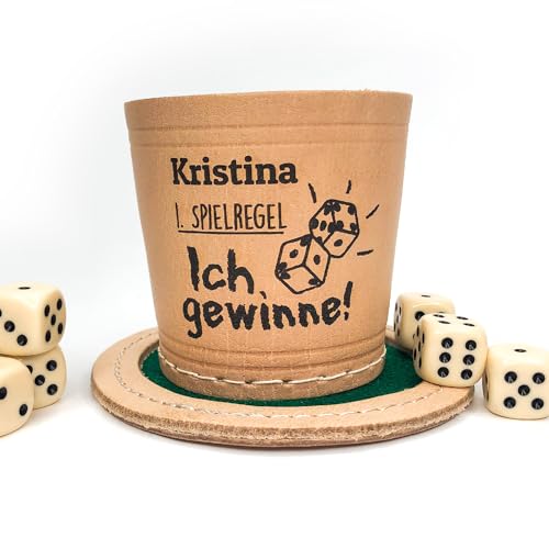 Diamandi Würfelbecher Set personalisiert mit Namen & Motiv Gravur | inkl. Würfel-Teller + 5 Würfel | echtes Leder von Diamandi