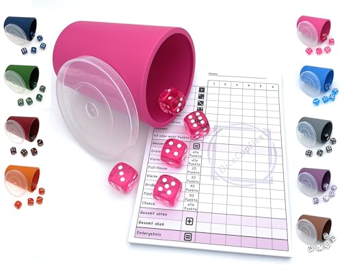 DiceCupFlex - Flexibler Würfelbecher mit Deckel inkl. 5 Würfel und Würfelblock, Spielblock - Made in Germany (Pink) von DiceCupFlex