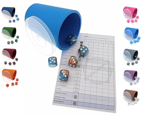 DiceCupFlex - Flexibler Würfelbecher mit Deckel inkl. 5 Würfel und Würfelblock, Spielblock - Made in Germany (Neonblau) von DiceCupFlex