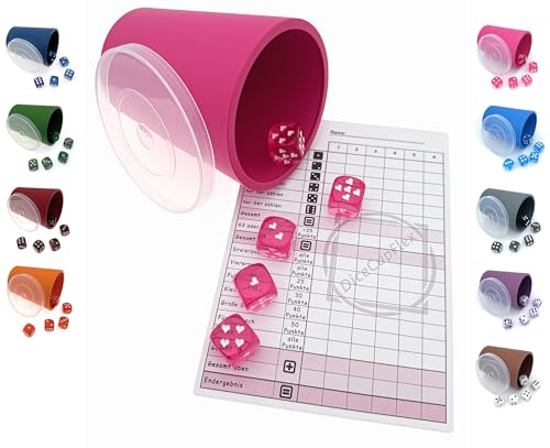 DiceCupFlex - Flexibler Würfelbecher mit Deckel inkl. 5 Würfel und Würfelblock, Spielblock - Made in Germany (Pink Herz) von DiceCupFlex