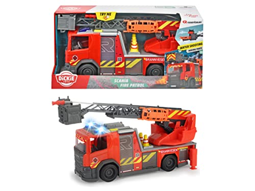 Dickey Toys 203716017007 - Norwegisch Scania Feuerwehrauto mit Freilauf, Licht, Wasserskuterfunktion, Erweiterbare Leiter und Öffnbare Seitenwände - 35 cm, Ab 3 Jahren von Dickie Toys