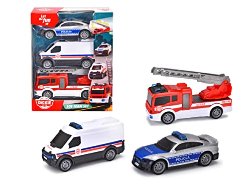 Dickie 203712015026 SOS Rettungsfahrzeuge in polnischer Ausführung, Auto Set, 3er Pack: Polizei, Krankenwagen, Feuerwehr, Größe 14-16 cm, ab 3 Jahren von Dickie Toys