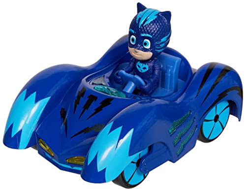 Dickie Toys 203142000 PJ Masks Mission Racer Cat Car, Die Cast Fahrzeug mit Freilauf, Licht & Sound, spielt Titelmelodie aus der Serie, inkl. Catboy Figur, 12 cm, blau, inkl. Batterien von Dickie Toys