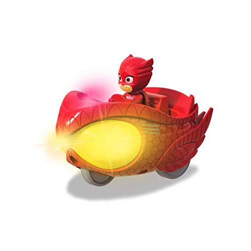 Dickie Toys 203142002 PJ Masks Mission Racer Owlette, Die-Cast Fahrzeug mit Freilauf, Licht & Sound, spielt Titelmelodie aus der Serie, inkl. Eulette Figur, 12 cm, rot, inkl. Batterien von Dickie Toys