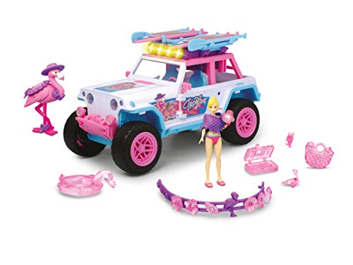 Dickie Toys Pink Drivez Flamingo Jeep, Spielzeug Geländewagen mit viel Zubehör, Spielzeugauto, bewegl. Figur, Flamingo, Board, Armband UVM., 22 cm, Licht & Sound, inkl. Batterien, ab 3 Jahren von Dickie Toys