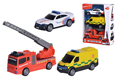 Dickie Toys 203712015014 - SOS Team Set Belgien, Spielzeugauto mit Freilauf, Polizeiauto, Krankenwagen, Feuerwehrwagen, ab 3 Jahren von Dickie Toys