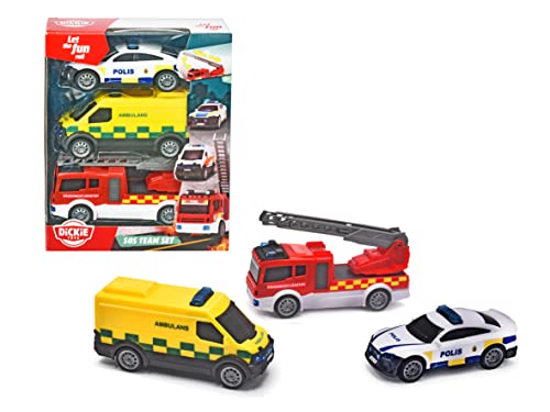 Dickie Toys 203712015DNS - 3-Pack Schwedisch Rettungsfahrzeuge - SOS-Team mit Krankenwagen, Feuerwehrauto und Polizeiauto mit Freilauf, Ab 3 Jahren von Dickie Toys