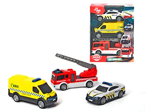 Dickie Toys 203712015SDN - SOS-Team mit Norwegischen Katastrophenschutz, Feuerwehrauto und Polizeiauto mit Freilauf - Ab 3 Jahren, Norwegische Version, Batterien enthalten von Dickie Toys