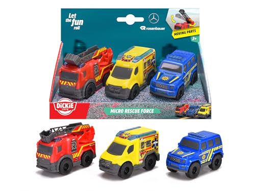Dickie Toys - Micro Rescue Force Spielzeugautos (je 8 cm) - 3er-Set Mercedes-Benz Autos mit Freilauf und beweglichen Teilen für Kinder ab 3 Jahre, Feuerwehrauto, Polizeiauto & Krankenwagen Dickie Toys - Micro Rescue Force Spielzeugautos (je 8 cm) - 3er-Set Mercedes-Benz Autos mit Freilauf und beweglichen Teilen für Kinder ab 3 Jahre, Feuerwehrauto, Polizeiauto & Krankenwagen von Dickie Toys