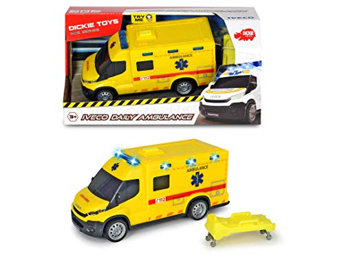 Dickie Toys 203713012014 - SOS Belgische Ambulance Iveco, 1-32, Spielzeugauto mit Freilauf, Licht und Sound, 18 cm, ab 3 Jahren von Dickie Toys