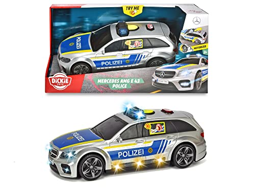Dickie Toys Mercedes-AMG E43 Polizeiauto, Polizei, motor. Spielzeugauto, Heckklappe öffnet per Knopfdruck mit Hundegebell-Soundeffekt, inkl. Batterien, 30 cm, Silber/Blau von Dickie Toys