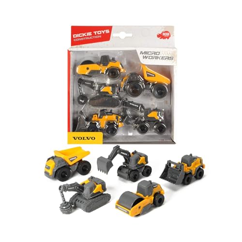 Dickie Toys 203722008 Volvo Micro Workers, 5er Spielzeugset, Bagger, Baustelle, Set Baufahrzeuge, Baustellenauto Kinder, Baustellenfahrzeuge, Geschenkset, für Kinder ab 3 Jahren, gelb/grau von Dickie Toys