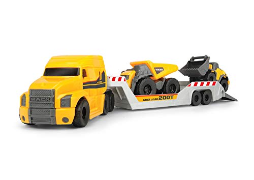 Dickie QDKT062100 Toys Volvo Mack Truck, mit 2 Volvo Fahrzeugen auf Anhänger, Muldenkipper & Radlader, Anhänger zum Abkoppeln, bewegliche Teile, 32 cm Gesamtlänge, Sandkasten, gelb/grau von Dickie Toys