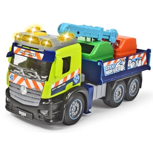 Dickie Toys Action Truck Recycling LKW inkl. Recycling-Container, mit Kran, Sound und Warnlicht, Be- und Entladefunktion, Müllabfuhr für Kinder ab 3 Jahren 203745015 Grün/Blau von Dickie Toys
