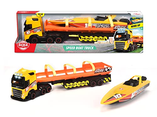 Dickie Toys 203747012Y06, Volvo LKW mit Anhänger und Boot, Volvo LKW mit Anhänger, Freilauf, Licht, Ton und Interieur, Boot mit Zugfunktion Eingang, 41 cm, Ab 3 Jahren von Dickie Toys