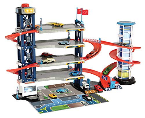 Dickie Toys Parking Garage, Parkgarage, Spielset, Parkhaus, 4 Etagen, Aufzug, 4 Die-Cast-Fahrzeuge, 1 Helikopter, Licht & Sound, inkl. Batterien von Dickie Toys