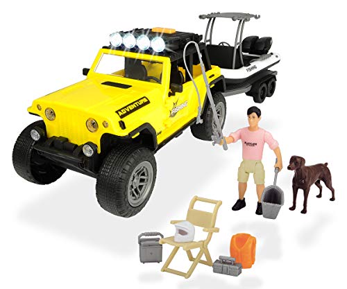 Dickie Toys Playlife-Angler Set, Jeepster Commando Geländewagen, Bootsanhänger mit abnehmbaren Schlauchboot, inkl. Figur und Hund, Licht & Sound, inkl. Batterien, 18- teiliges Set, 41 cm, ab 3 Jahren von Smoby