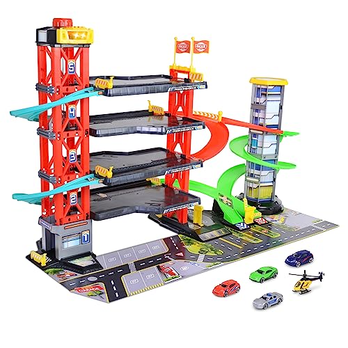 Dickie Toys - 4-stöckiges Parkhaus für Kinder ab 3 Jahre (87x52 cm) mit Zubehör - große Spielzeug-Parkgarage auf 5 Ebenen mit Aufzug, Rennbahn, Spielzeugautos, Hubschrauber, Licht & Sound von Dickie Toys
