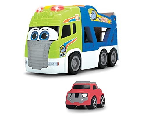 Dickie Toys ABC Tim Transporter, Scania LKW, Spielzeugauto, Truck, Kleinkind, Spielzeug, inkl. 1 knautschbares Auto, Tragegriff, Licht & Sound, inkl. Batterien, 42 cm, für Kinder ab 2 Jahren von Dickie Toys