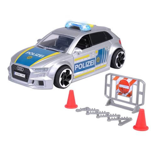 Dickie Toys - Audi RS3 – 15 cm großes Polizeiauto mit Straßensperre und Pylone, Licht & Sound, Friktionsantrieb, für Kinder ab 3 Jahre von Dickie Toys