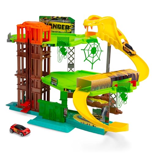 Dickie Toys - Auto-Rennbahn Jungle Garage (50x55x32 cm) inkl. Spielzeugauto aus Metall - Parkhaus auf 3 Etagen mit Aufzug und Tunnel, Spielzeug-Autobahn für Kinder ab 3 Jahre von Dickie Toys