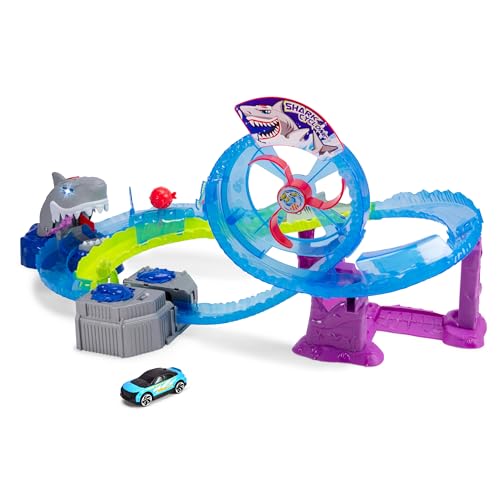 Dickie Toys - Auto-Rennbahn White Shark (50x55x32 cm) inkl. Spielzeugauto aus Metall - motorisierte Hai-Autobahn mit Looping, Licht & Sound, Spielzeug für Kinder ab 3 Jahre von Dickie Toys