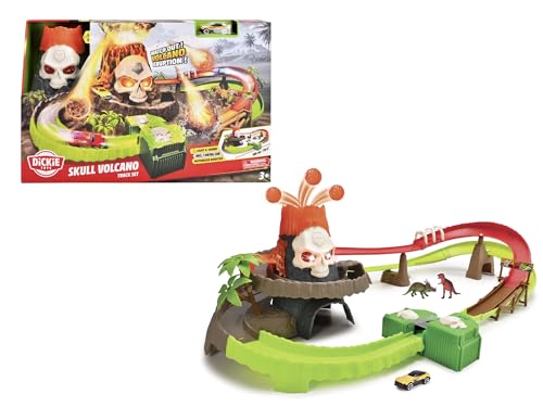 Dickie Toys - Autorennbahn Skull Volcano Track Set (100 cm) mit Vulkan-Ausbruch, Auto & Dinosaurier-Zubehör - Spielzeug-Autobahn für Kinder ab 3 Jahre, mit Licht & Sound, inkl. Batterien von Dickie Toys