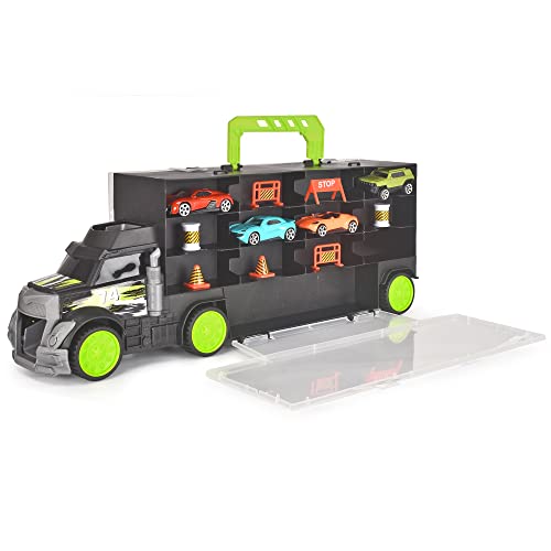 Dickie Toys – Carry & Store Transporter – Spielzeug-LKW zur Aufbewahrung von 28 Spielzeugautos, inkl. 4 Autos, inkl. Zubehör, mit Rampe, für Kinder ab 3 Jahren, Zerowaste Verpackung von Dickie Toys