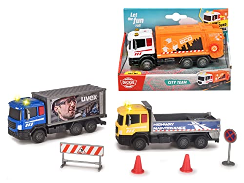 Dickie Toys - City Team, Müll-, Strassenbau-, Containerfahrzeug, Freilauf, Licht, Sound, 17 cm von Dickie Toys