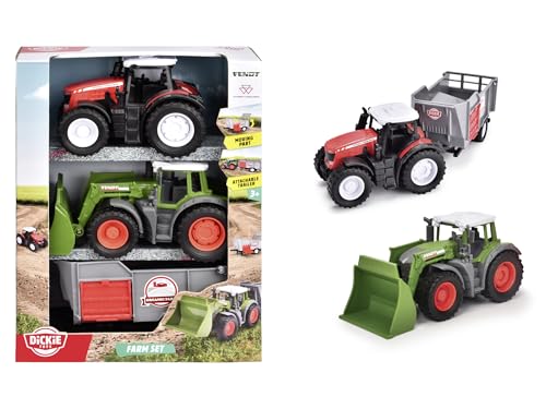 Dickie Toys - Bauernhof-Fahrzeuge Farm-Set (3er-Set) - Fendt und Massey Ferguson Traktor mit Anhänger, Spielzeug-Autos mit Freilauf und beweglichen Teilen für Kinder ab 3 Jahre von Dickie Toys