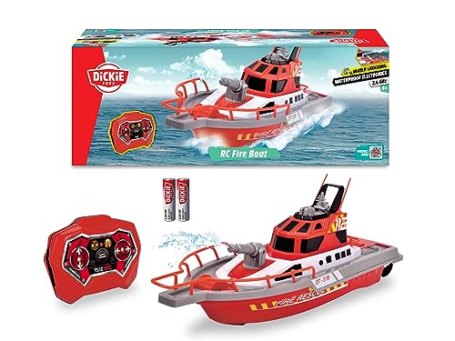Dickie Toys 201107000 Feuerwehrboot, ferngesteuertes Boot mit Funksteuerung, Feuerwehr, Wasserspritzfunktion, 3 Kanäle, 27 MHz, USB-Aufladung, Geschwindigkeit max 3 km/h, für Kinder ab 6 Jahren von Dickie Toys