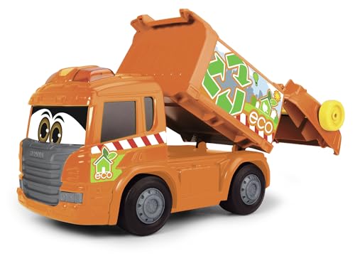 Dickie Toys Happy Garbage Collector, motorisiertes Müllauto, fährt vorwärts-rückwärts, Licht & Sound, inkl. Batterien, manuelles Heben und Senken des Containers und der Mülltonne, 25 cm groß, orange von Dickie Toys