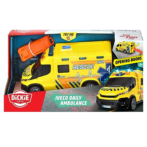 Dickie Toys - Iveco Daily Krankenwagen (gelb, 18 cm) - Rettungs-Fahrzeug mit Licht, Sound & Spielzeug-Zubehör (inkl. Batterien), Spielzeugauto für Kinder ab 3 Jahre von Dickie Toys