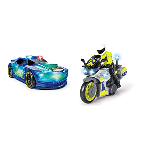 Dickie Toys Lightstreak Police, leuchtendes Polizeiauto, Rennauto mit Friktionsantrieb, 20 cm, blau & Polizei Motorrad – Spielzeug Motorrad mit Polizisten-Figur, für Kinder ab 3 Jahren, 17 cm lang von Dickie Toys