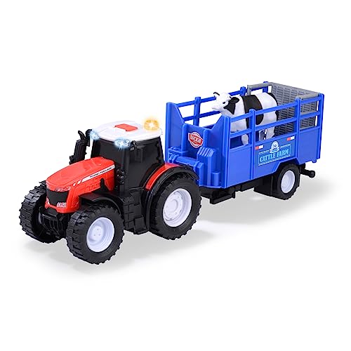 Dickie Toys - Massey Ferguson Spielzeug-Traktor mit Tieranhänger & Kuh - Spielzeugauto für den Bauernhof mit Licht & Sound (inkl. Batterien), für Kinder ab 3 Jahre, 26 cm von Dickie Toys