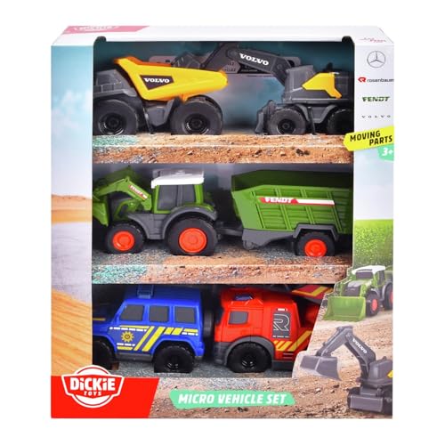 Dickie Toys - 5er-Set Micro Spielzeugautos (je ca. 8 cm) - 5 Autos (Polizei, Feuerwehr, Bagger, Traktor mit Anhänger und Muldenkipper) mit Freilauf und beweglichen Teilen für Kinder ab 3 Jahre Dickie Toys - 5er-Set Micro Spielzeugautos (je ca. 8 cm) - 5 Autos (Polizei, Feuerwehr, Bagger, Traktor mit Anhänger und Muldenkipper) mit Freilauf und beweglichen Teilen für Kinder ab 3 Jahre von Dickie Toys