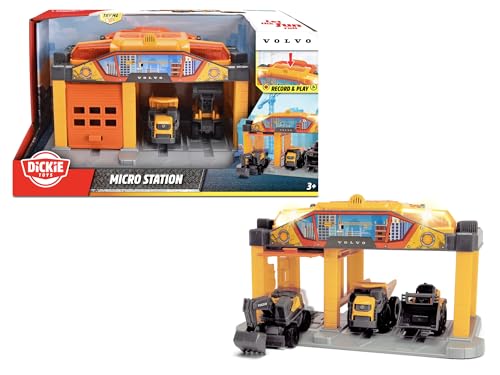 Dickie Toys - Micro Construction Auto-Station für Kinder ab 3 Jahre (25 cm) mit 3 Volvo Baustellenfahrzeugen (Bagger, Kipplaster & Radlader), Baustellen-Spielzeug mit Licht & Sound, inkl. Batterien von Dickie Toys