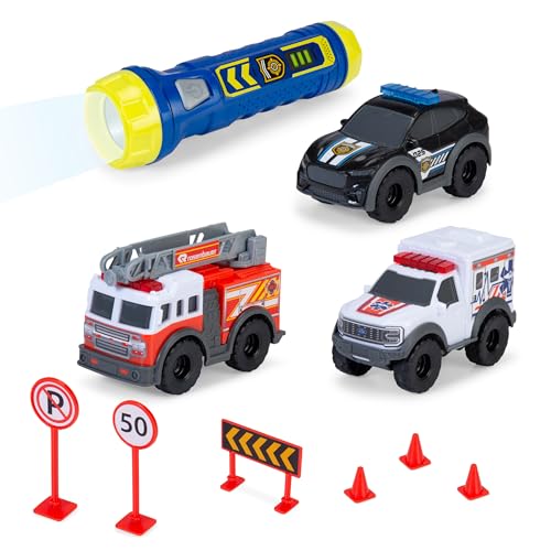 Dickie Toys - Micro SOS Spielzeugauto-Set - 3 Autos mit Freilauf (Polizei Feuerwehr & Krankenwagen) inkl. Taschenlampe und Spiel-Zubehör, Auto-Spielzeug für Kinder ab 3 Jahre von Dickie Toys